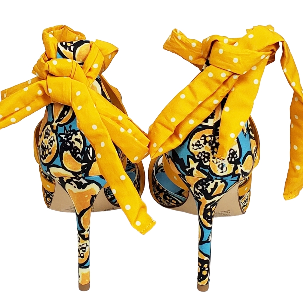 Gianni Bini Yellow Patterned Wrap-Heel Sandals - Picture 10 of 13